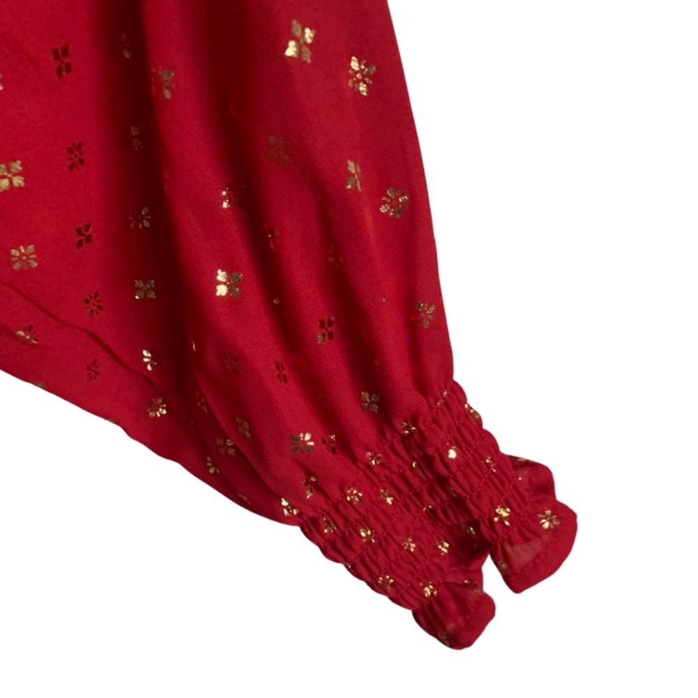 NWT Red Foil Ruffle Relaxed Fit Smocked Peasant Edwardian Holiday Blouse Sz Med - Picture 10 of 14